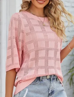 Hot Women's Sweater Casual Soft Pure Color Ribbed Crew Neck Knitted 3/4 Length Sleeve Regular Tops Knit Outdoor Daily Weekend White Pink Spring Fall Women Pullovers & Tops