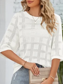 Hot Women's Sweater Casual Soft Pure Color Ribbed Crew Neck Knitted 3/4 Length Sleeve Regular Tops Knit Outdoor Daily Weekend White Pink Spring Fall Women Pullovers & Tops