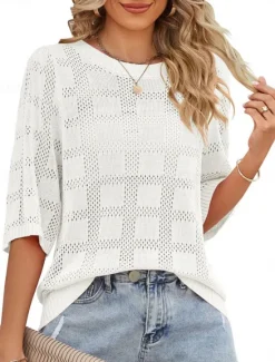 Hot Women's Sweater Casual Soft Pure Color Ribbed Crew Neck Knitted 3/4 Length Sleeve Regular Tops Knit Outdoor Daily Weekend White Pink Spring Fall Women Pullovers & Tops
