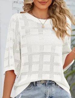 Hot Women's Sweater Casual Soft Pure Color Ribbed Crew Neck Knitted 3/4 Length Sleeve Regular Tops Knit Outdoor Daily Weekend White Pink Spring Fall Women Pullovers & Tops