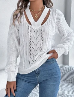 Hot Women's Sweater Casual Soft Pure Color Cable V Neck Hollow Out Knitted Long Sleeve Regular Tops Knit Outdoor Daily Weekend White Orange Fall Winter Women Pullovers & Tops