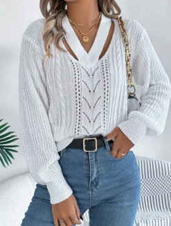 Hot Women's Sweater Casual Soft Pure Color Cable V Neck Hollow Out Knitted Long Sleeve Regular Tops Knit Outdoor Daily Weekend White Orange Fall Winter Women Pullovers & Tops