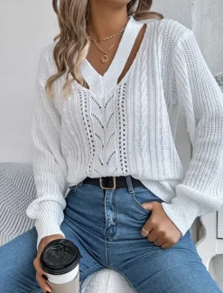 Hot Women's Sweater Casual Soft Pure Color Cable V Neck Hollow Out Knitted Long Sleeve Regular Tops Knit Outdoor Daily Weekend White Orange Fall Winter Women Pullovers & Tops