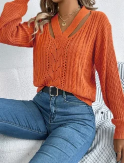 Hot Women's Sweater Casual Soft Pure Color Cable V Neck Hollow Out Knitted Long Sleeve Regular Tops Knit Outdoor Daily Weekend White Orange Fall Winter Women Pullovers & Tops