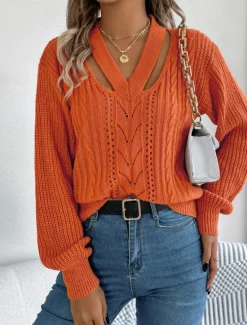 Hot Women's Sweater Casual Soft Pure Color Cable V Neck Hollow Out Knitted Long Sleeve Regular Tops Knit Outdoor Daily Weekend White Orange Fall Winter Women Pullovers & Tops