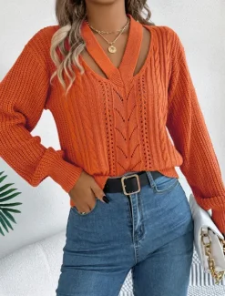 Hot Women's Sweater Casual Soft Pure Color Cable V Neck Hollow Out Knitted Long Sleeve Regular Tops Knit Outdoor Daily Weekend White Orange Fall Winter Women Pullovers & Tops