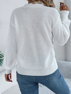 Hot Women's Sweater Casual Soft Pure Color Cable V Neck Hollow Out Knitted Long Sleeve Regular Tops Knit Outdoor Daily Weekend White Orange Fall Winter Women Pullovers & Tops