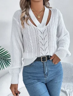 Hot Women's Sweater Casual Soft Pure Color Cable V Neck Hollow Out Knitted Long Sleeve Regular Tops Knit Outdoor Daily Weekend White Orange Fall Winter Women Pullovers & Tops