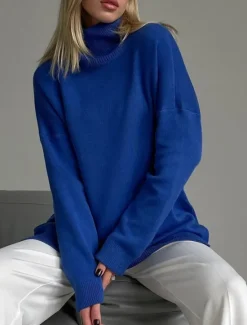 Discount Women's Sweater Casual Soft Pure Color Ribbed Turtleneck Split Knitted Long Sleeve Regular Tops Knit Outdoor Daily Weekend Royal Blue Green Fall Winter Women Pullovers & Tops