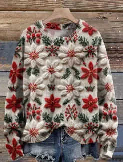 Outlet Women's Sweater Casual Soft Floral Graphic Ribbed Crew Neck Knitted Long Sleeve Regular Tops Knit Outdoor Daily Weekend White Green Fall Winter Women Pullovers & Tops