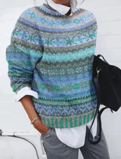 New Women's Sweater Casual Soft Geometric Pure Color Ribbed Crew Neck Knitted Print Long Sleeve Regular Tops Knit Outdoor Daily Weekend Red Blue Fall Winter Women Pullovers & Tops