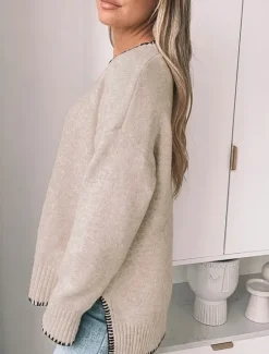 Outlet Women's Sweater Casual Soft Pure Color Ribbed Crew Neck Patchwork Knitted Long Sleeve Regular Tops Knit Outdoor Daily Weekend Green Khaki Fall Winter Women Pullovers & Tops