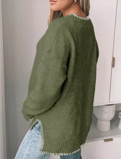 Outlet Women's Sweater Casual Soft Pure Color Ribbed Crew Neck Patchwork Knitted Long Sleeve Regular Tops Knit Outdoor Daily Weekend Green Khaki Fall Winter Women Pullovers & Tops