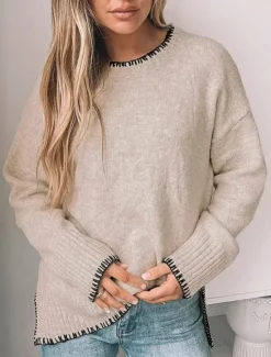 Outlet Women's Sweater Casual Soft Pure Color Ribbed Crew Neck Patchwork Knitted Long Sleeve Regular Tops Knit Outdoor Daily Weekend Green Khaki Fall Winter Women Pullovers & Tops