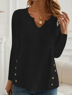 Hot Women's Sweater Casual Soft Pure Color Ribbed V Neck Buttons Knitted Long Sleeve Regular Tops Knit Outdoor Daily Weekend Fall Winter Women Pullovers & Tops