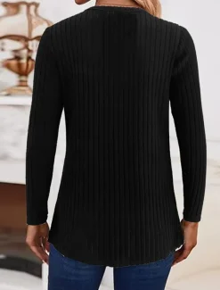 Hot Women's Sweater Casual Soft Pure Color Ribbed V Neck Buttons Knitted Long Sleeve Regular Tops Knit Outdoor Daily Weekend Fall Winter Women Pullovers & Tops