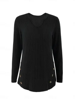 Hot Women's Sweater Casual Soft Pure Color Ribbed V Neck Buttons Knitted Long Sleeve Regular Tops Knit Outdoor Daily Weekend Fall Winter Women Pullovers & Tops
