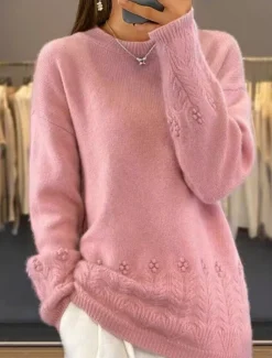 Sale Women's Sweater Casual Soft Pure Color Ribbed Crew Neck Knitted Long Sleeve Regular Tops Knit Outdoor Daily Weekend Pink Camel Fall Winter Women Pullovers & Tops