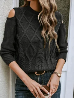 Outlet Women's Sweater Casual Soft Pure Color Cable Crew Neck Knitted Cold Shoulder Long Sleeve Regular Tops Knit Outdoor Daily Weekend Fall Winter Women Pullovers & Tops