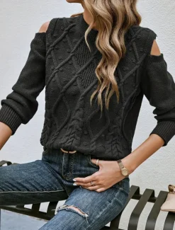 Outlet Women's Sweater Casual Soft Pure Color Cable Crew Neck Knitted Cold Shoulder Long Sleeve Regular Tops Knit Outdoor Daily Weekend Fall Winter Women Pullovers & Tops