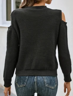 Outlet Women's Sweater Casual Soft Pure Color Cable Crew Neck Knitted Cold Shoulder Long Sleeve Regular Tops Knit Outdoor Daily Weekend Fall Winter Women Pullovers & Tops