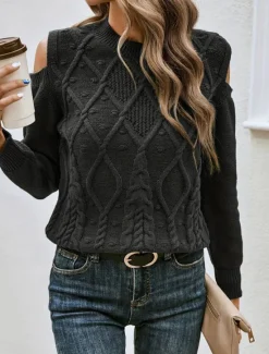 Outlet Women's Sweater Casual Soft Pure Color Cable Crew Neck Knitted Cold Shoulder Long Sleeve Regular Tops Knit Outdoor Daily Weekend Fall Winter Women Pullovers & Tops