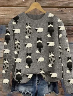 Sale Women's Sweater Casual Soft Animal Ribbed Crew Neck Knitted Print Long Sleeve Regular Tops Knit Outdoor Daily Weekend Dark Green Green Fall Winter Women Pullovers & Tops