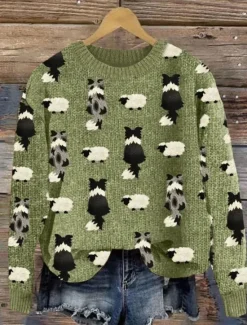 Sale Women's Sweater Casual Soft Animal Ribbed Crew Neck Knitted Print Long Sleeve Regular Tops Knit Outdoor Daily Weekend Dark Green Green Fall Winter Women Pullovers & Tops