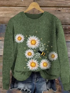 Sale Women's Sweater Casual Soft Animal Ribbed Crew Neck Knitted Print Long Sleeve Regular Tops Knit Outdoor Daily Weekend Dark Green Green Fall Winter Women Pullovers & Tops