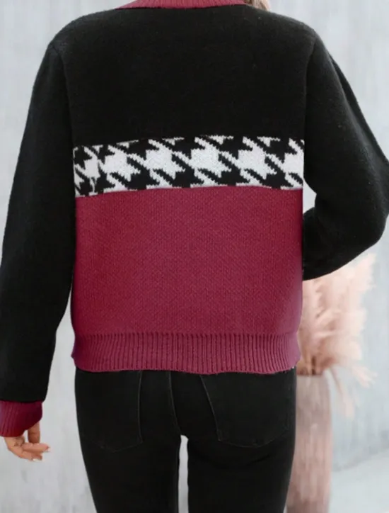 Hot Women's Sweater Casual Soft Houndstooth Ribbed Crew Neck Knitted Long Sleeve Regular Tops Knit Outdoor Daily Weekend Pink Fuchsia Fall Winter Women Pullovers & Tops