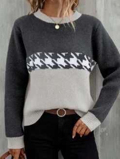 Hot Women's Sweater Casual Soft Houndstooth Ribbed Crew Neck Knitted Long Sleeve Regular Tops Knit Outdoor Daily Weekend Pink Fuchsia Fall Winter Women Pullovers & Tops