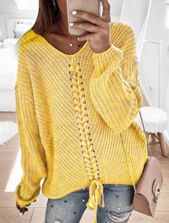 Women's Sweater Casual Soft Pure Color Cable V Neck Knitted Long Sleeve Regular Tops Knit Outdoor Daily Weekend Yellow Blue Fall Winter Women Pullovers & Tops