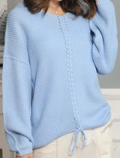 Women's Sweater Casual Soft Pure Color Cable V Neck Knitted Long Sleeve Regular Tops Knit Outdoor Daily Weekend Yellow Blue Fall Winter Women Pullovers & Tops
