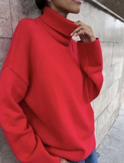 Clearance Women's Sweater Casual Soft Pure Color Ribbed Turtleneck Knitted Long Sleeve Regular Tops Knit Outdoor Daily Weekend Red Green Fall Winter Women Pullovers & Tops