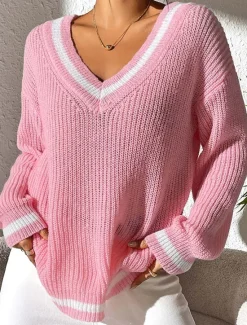 Outlet Women's Sweater Casual Soft Pure Color Crochet V Neck Knitted Long Sleeve Regular Tops Knit Outdoor Daily Weekend White Pink Fall Winter Women Pullovers & Tops