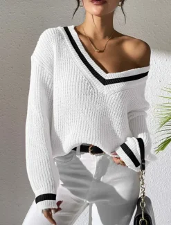 Outlet Women's Sweater Casual Soft Pure Color Crochet V Neck Knitted Long Sleeve Regular Tops Knit Outdoor Daily Weekend White Pink Fall Winter Women Pullovers & Tops