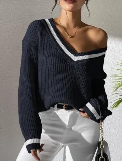 Outlet Women's Sweater Casual Soft Pure Color Crochet V Neck Knitted Long Sleeve Regular Tops Knit Outdoor Daily Weekend White Pink Fall Winter Women Pullovers & Tops