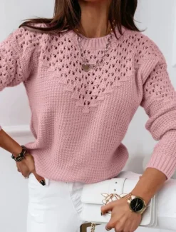Discount Women's Sweater Casual Soft Pure Color Ribbed Crew Neck Hollow Out Knitted Long Sleeve Regular Tops Knit Outdoor Daily Weekend Pink Blue Fall Winter Women Pullovers & Tops