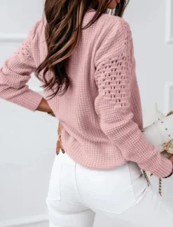 Discount Women's Sweater Casual Soft Pure Color Ribbed Crew Neck Hollow Out Knitted Long Sleeve Regular Tops Knit Outdoor Daily Weekend Pink Blue Fall Winter Women Pullovers & Tops