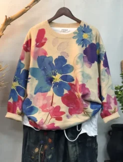 New Women's Sweater Casual Soft Floral Ribbed Crew Neck Floral Knitted Long Sleeve Regular Tops Knit Outdoor Daily Weekend Yellow Red Fall Winter Women Pullovers & Tops