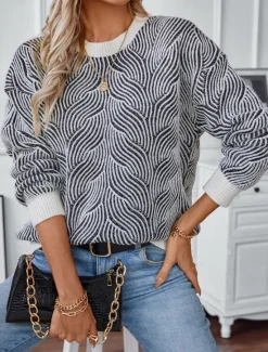 Discount Women's Sweater Casual Soft Geometric Ribbed Crew Neck Knitted Long Sleeve Regular Tops Knit Outdoor Daily Weekend Fall Winter Women Pullovers & Tops