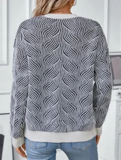 Discount Women's Sweater Casual Soft Geometric Ribbed Crew Neck Knitted Long Sleeve Regular Tops Knit Outdoor Daily Weekend Fall Winter Women Pullovers & Tops