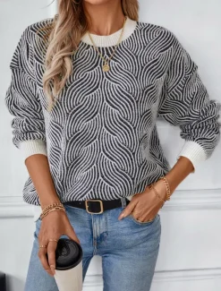 Discount Women's Sweater Casual Soft Geometric Ribbed Crew Neck Knitted Long Sleeve Regular Tops Knit Outdoor Daily Weekend Fall Winter Women Pullovers & Tops