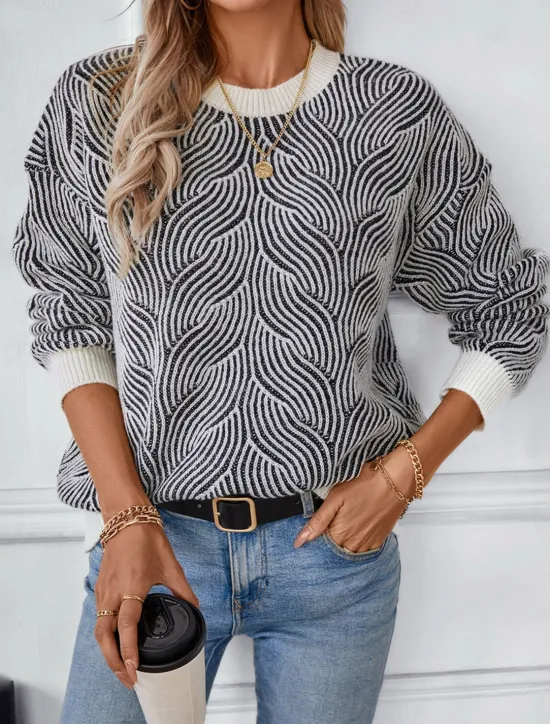 Discount Women's Sweater Casual Soft Geometric Ribbed Crew Neck Knitted Long Sleeve Regular Tops Knit Outdoor Daily Weekend Fall Winter Women Pullovers & Tops