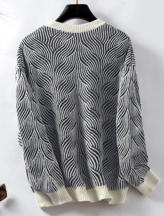 Discount Women's Sweater Casual Soft Geometric Ribbed Crew Neck Knitted Long Sleeve Regular Tops Knit Outdoor Daily Weekend Fall Winter Women Pullovers & Tops