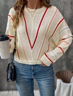 Best Women's Sweater Casual Soft Pure Color Ribbed Crew Neck Knitted Hole Long Sleeve Regular Tops Knit Outdoor Daily Weekend Fall Winter Women Pullovers & Tops