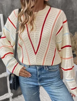 Best Women's Sweater Casual Soft Pure Color Ribbed Crew Neck Knitted Hole Long Sleeve Regular Tops Knit Outdoor Daily Weekend Fall Winter Women Pullovers & Tops
