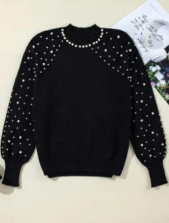 Outlet Women's Sweater Casual Soft Pure Color Ribbed Crew Neck Beaded Knitted Long Sleeve Regular Tops Knit Outdoor Daily Weekend Fall Winter Women Pullovers & Tops