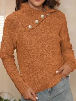 Online Women's Sweater Casual Soft Pure Color Ribbed Shirt Collar Buttons Knitted Long Sleeve Regular Tops Knit Outdoor Daily Weekend Brown Green Fall Winter Women Hoodies & Sweatshirts