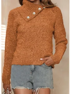 Online Women's Sweater Casual Soft Pure Color Ribbed Shirt Collar Buttons Knitted Long Sleeve Regular Tops Knit Outdoor Daily Weekend Brown Green Fall Winter Women Hoodies & Sweatshirts